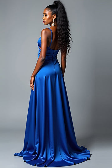 Royal Blue A Line Spaghetti Straps Lång Satin Bal Klänning